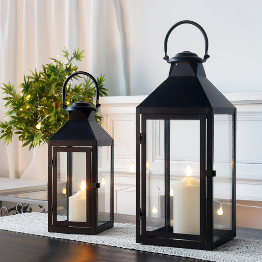 Set of 2 -17.5"&13.5"High Metal Candle Lanterns(Black)