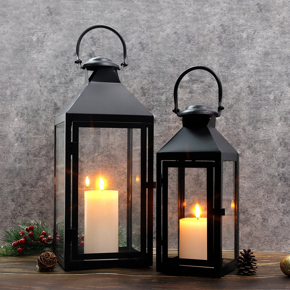 Set of 2 -17.5"&13.5"High Metal Candle Lanterns(Black)