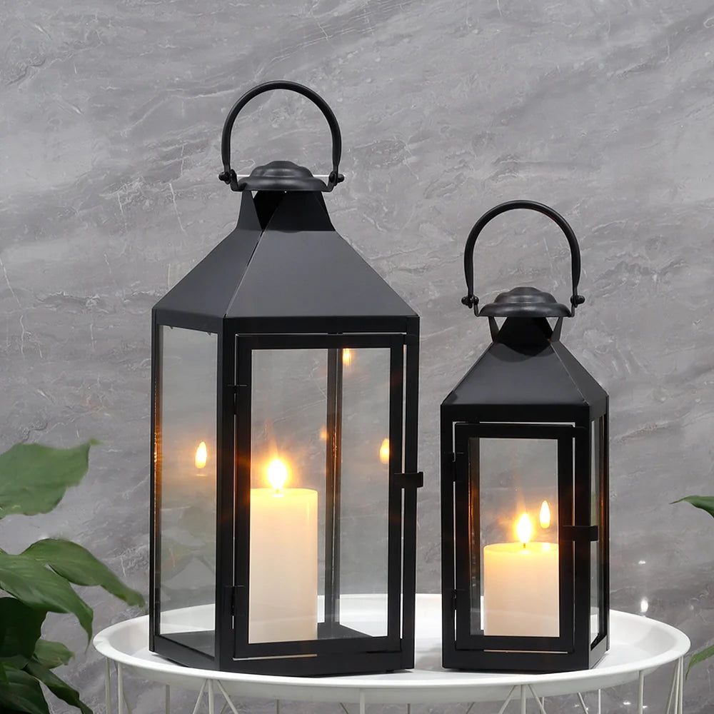 Set of 2 -17.5"&13.5"High Metal Candle Lanterns(Black)