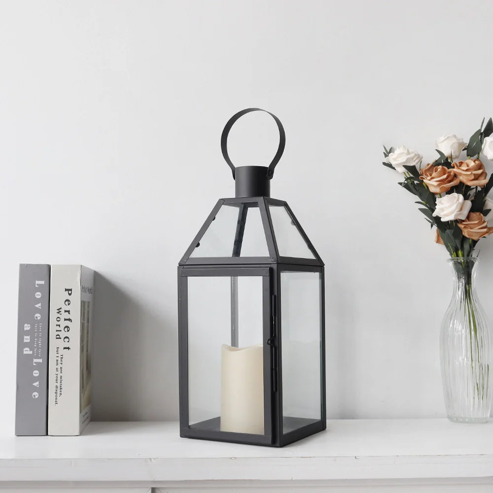 16"high Stainless Steel Black Candle Lanterns decorative candle lanterns with nature-inspired artwork - product view 3