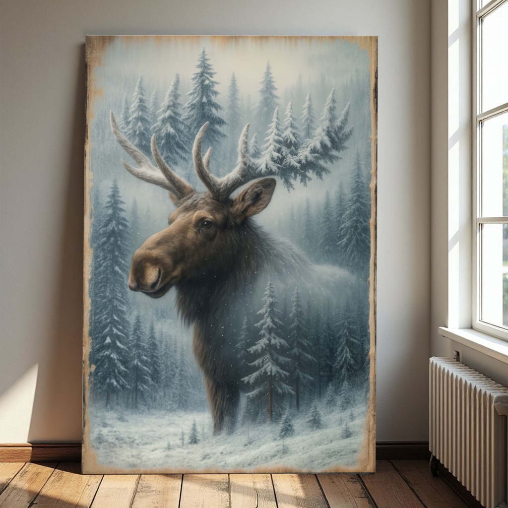 Snowy Forest Moose Double Exposure wall art with nature-inspired artwork - product view 5