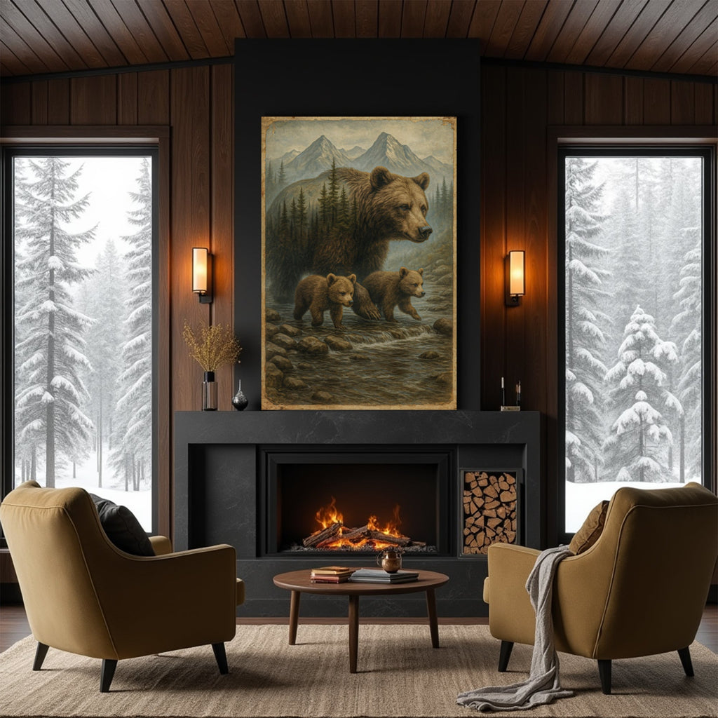 Mother Bear and Cubs Crossing Double Exposure wall art with nature-inspired artwork - product view 5