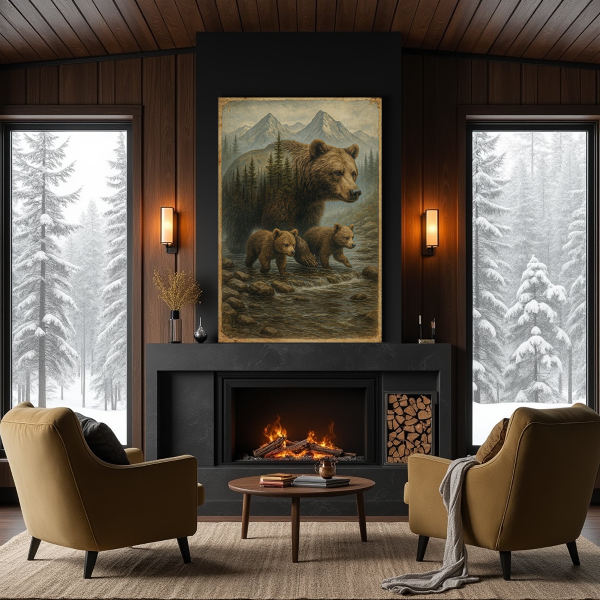 Mother Bear and Cubs Crossing Double Exposure wall art with nature-inspired artwork - product view 5