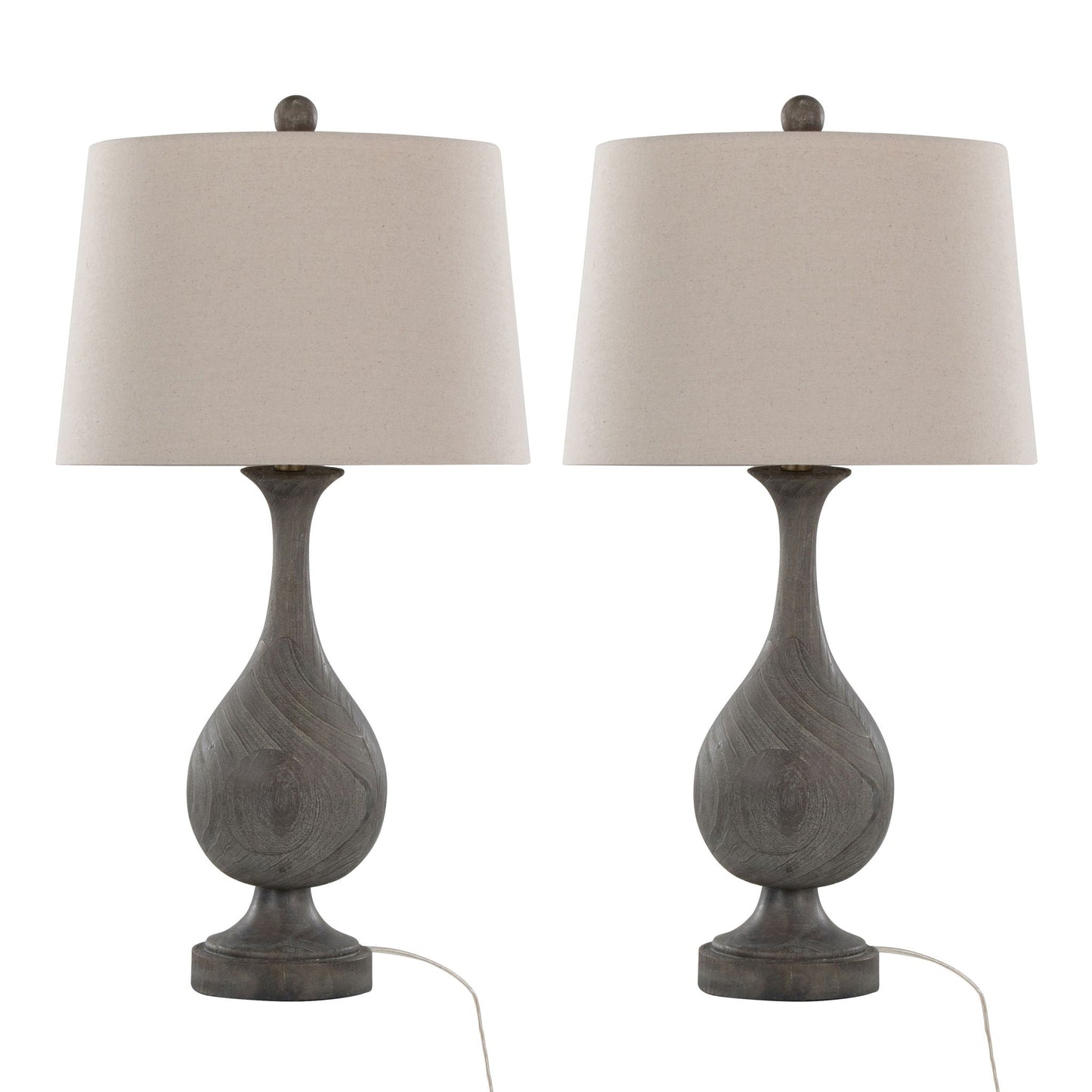 Two table lamps with gray bases and beige lampshades on a white background