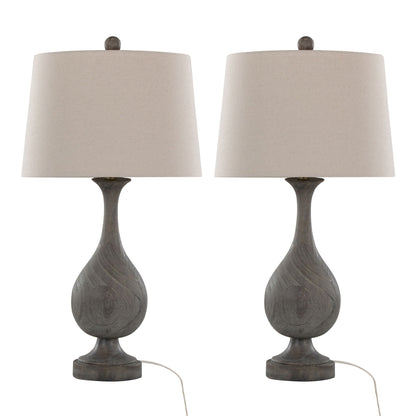 Two table lamps with gray bases and beige lampshades on a white background