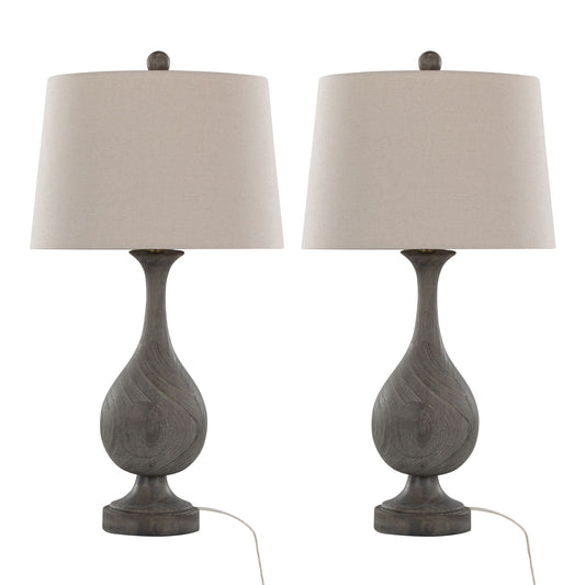 Two table lamps with gray bases and beige lampshades on a white background