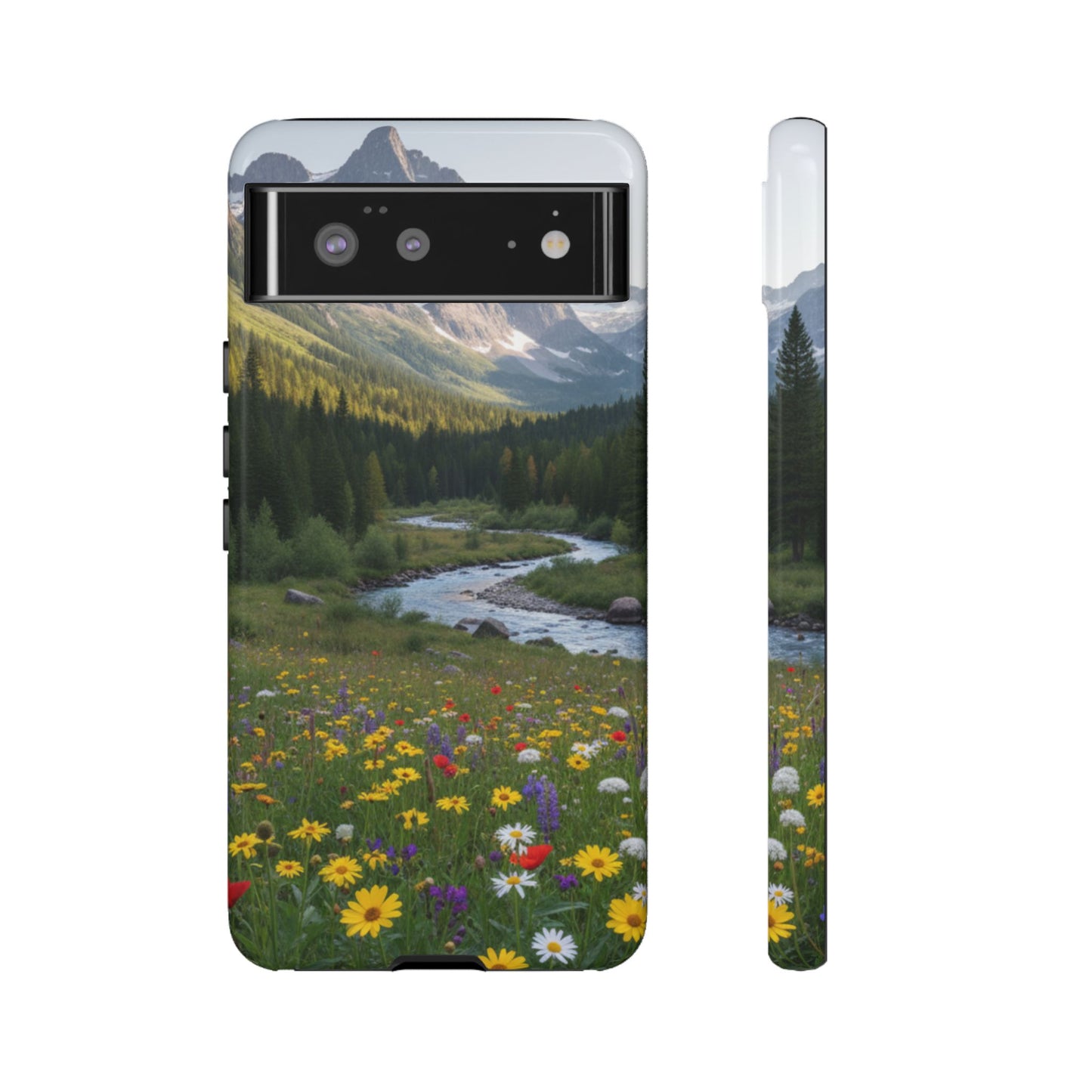Mountain Meadow Phone Case — Vibrant Wildflowers, Stream & Mountain Design