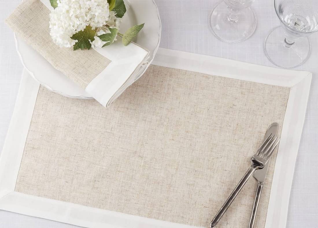 Natural & White Two-Tone Banded Border Placemats, Table Runner or Napkins