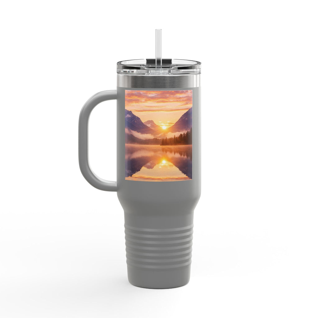 Gray insulated mug with a scenic sunset design on a white background