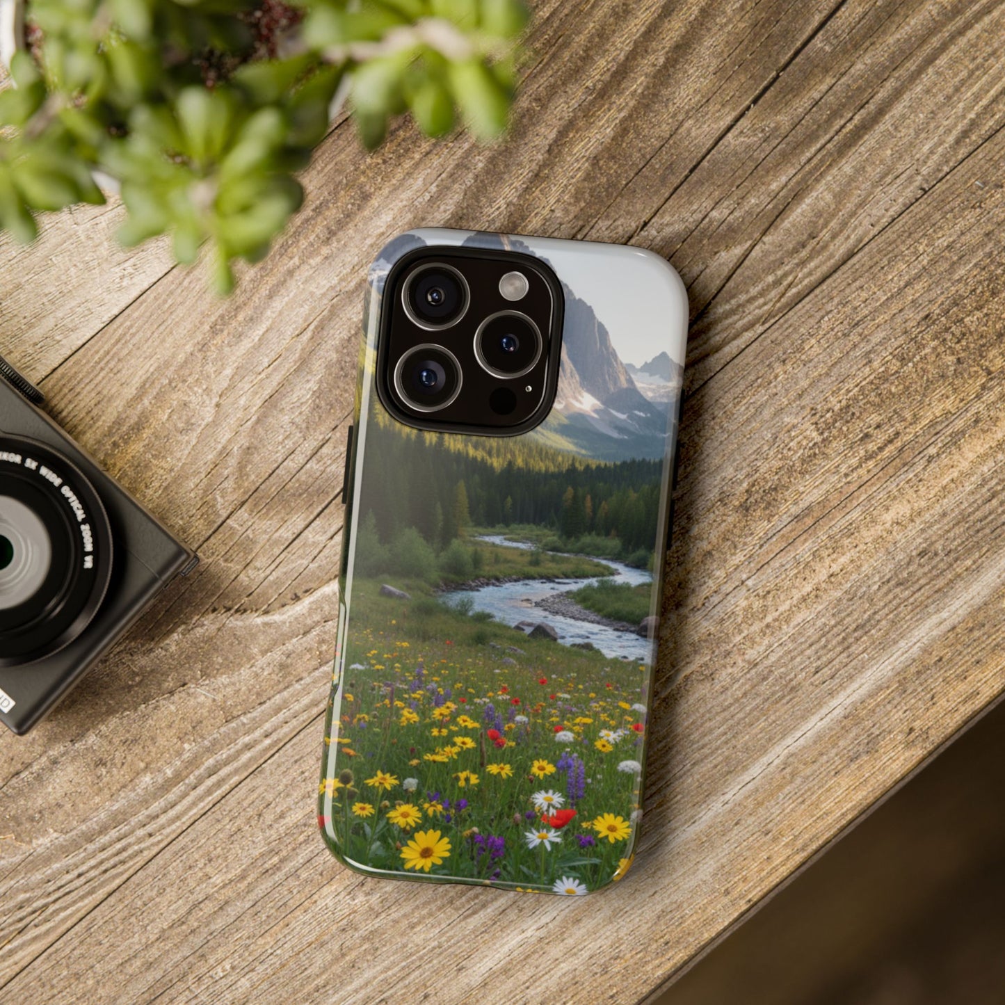 Mountain Meadow Phone Case — Vibrant Wildflowers, Stream & Mountain Design