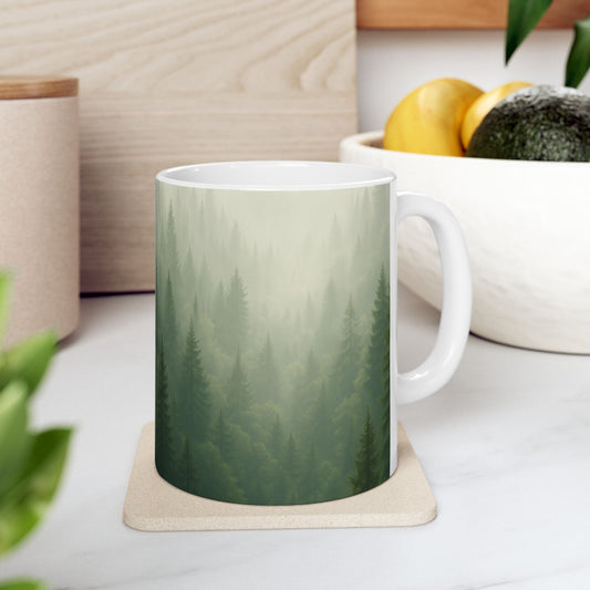 The Quiet Forest Ceramic Mug – Cozy Nature Mug with Misty Evergreen Design