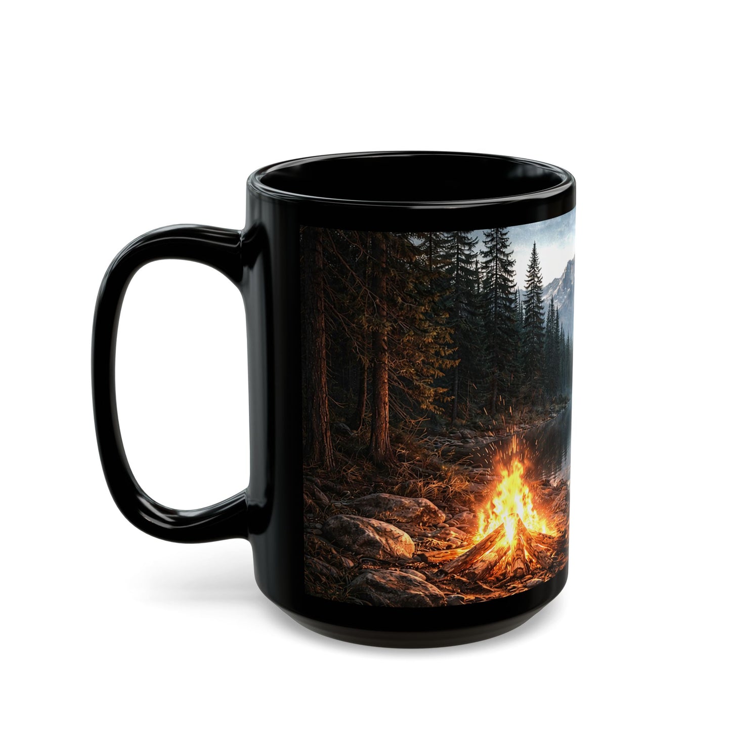 Campfire at Mountain Lake Ceramic Mug — Scenic Outdoors Coffee Cup (11oz, 15oz)