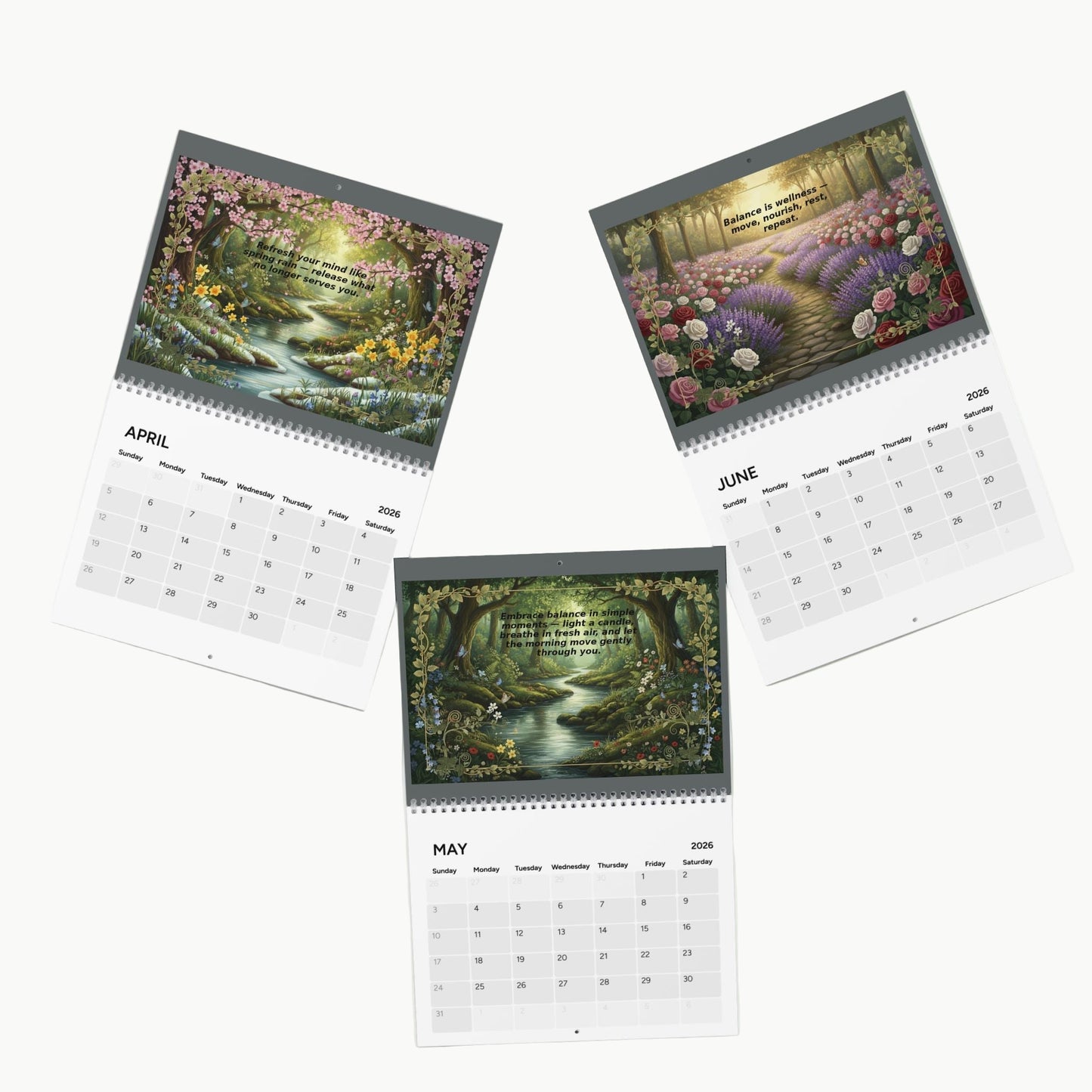 Three calendar pages showing scenic landscapes for April, May, and June on a white background.