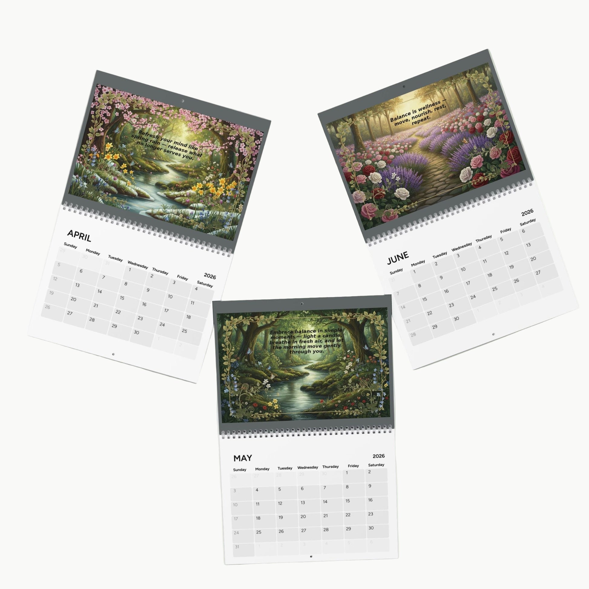 Three calendar pages showing scenic landscapes for April, May, and June on a white background.