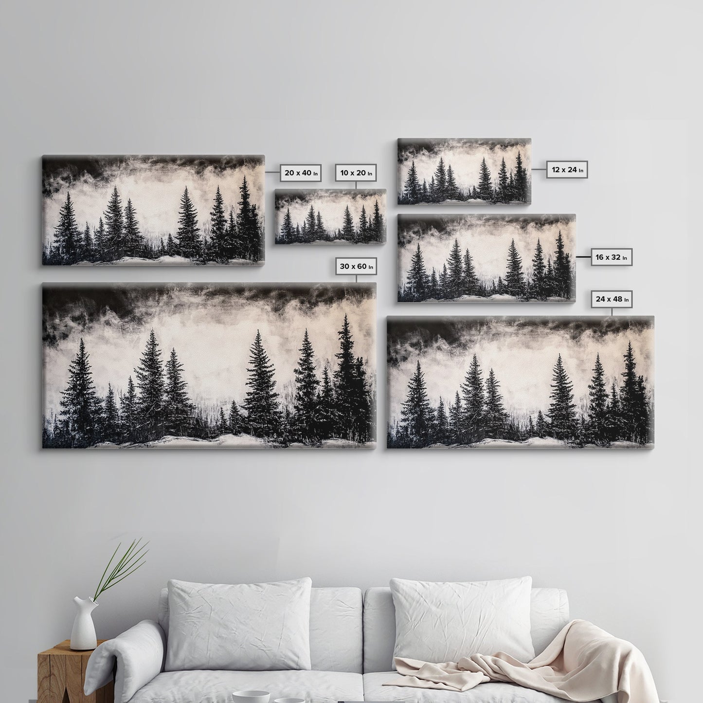 Pine Tree Foggy Winter | Black and White Framed Canvas Print