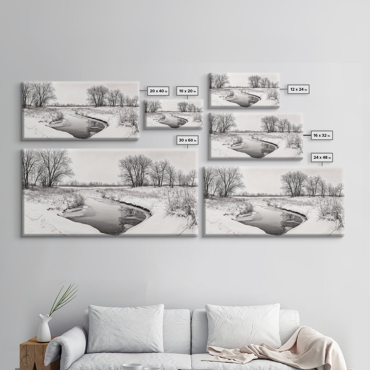 Frozen Stream & Bare Trees | Black & White Landscape Canvas Print