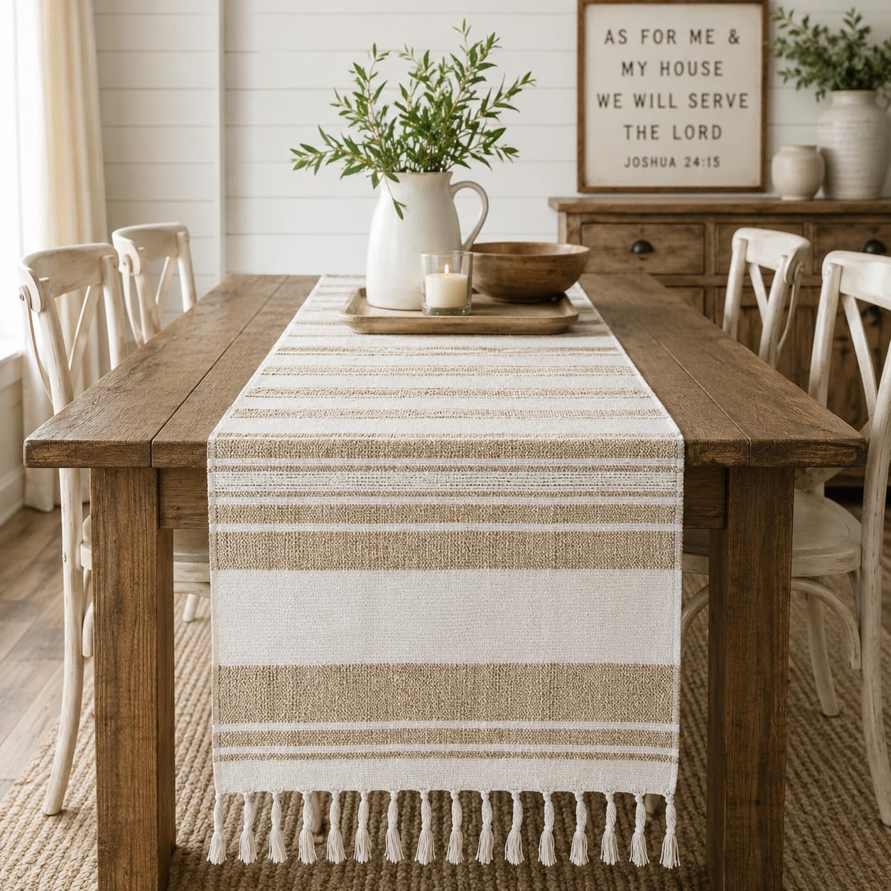 Cotton Jute Table Runner with Tassel Fringe 14 x 72 Inch