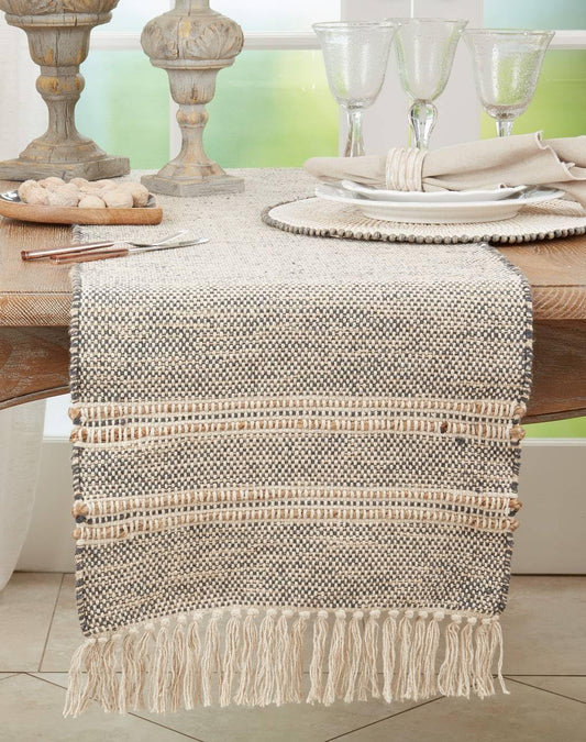 Cotton Jute Woven Striped Tassel Table Runner 16" W x 72" L