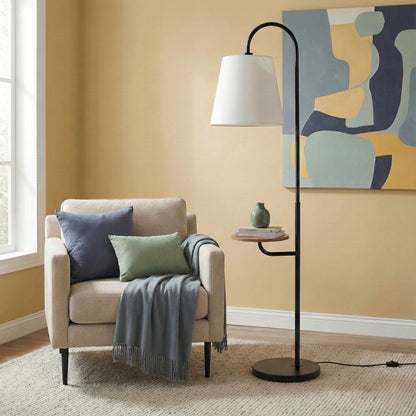 Black and White Floor Lamp With Wooded Table Base