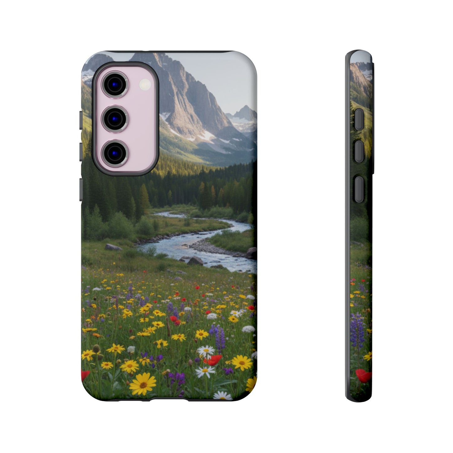 Mountain Meadow Phone Case — Vibrant Wildflowers, Stream & Mountain Design