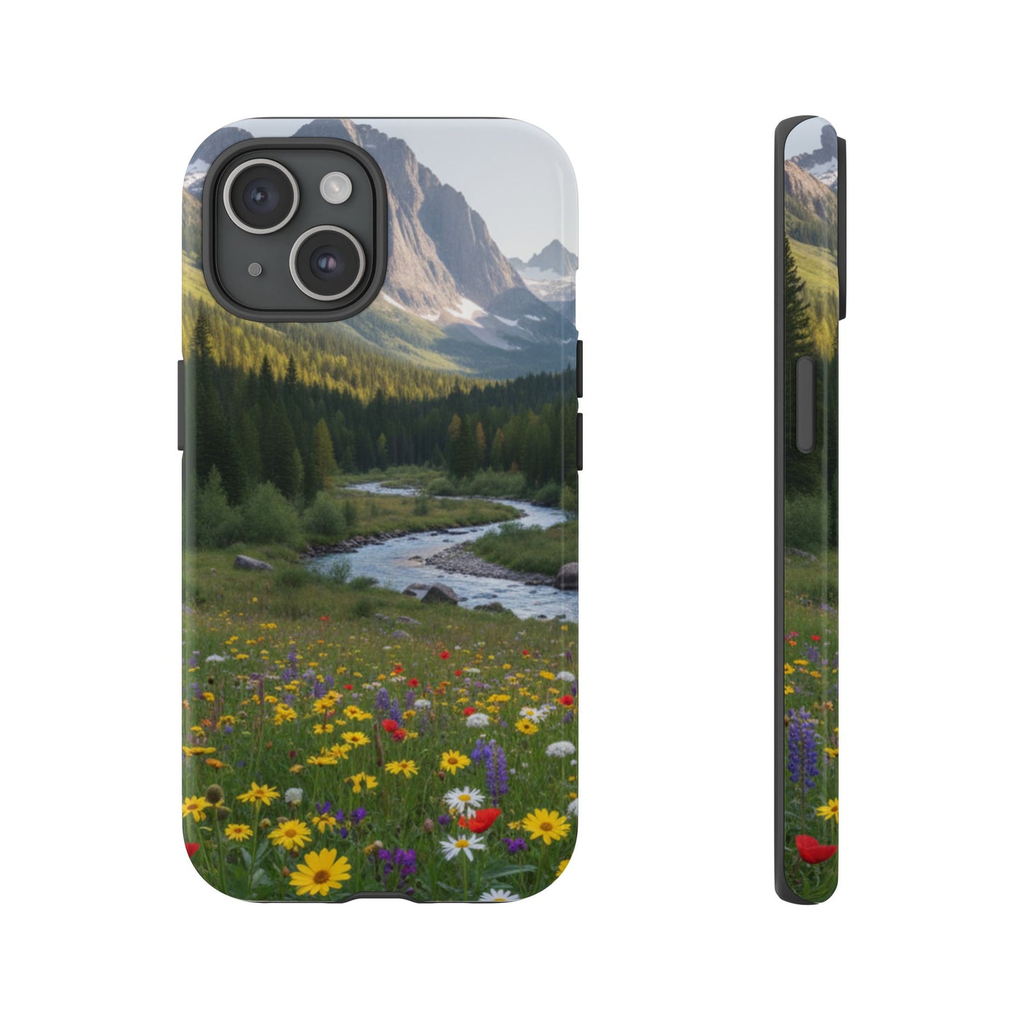 Mountain Meadow Phone Case — Vibrant Wildflowers, Stream & Mountain Design