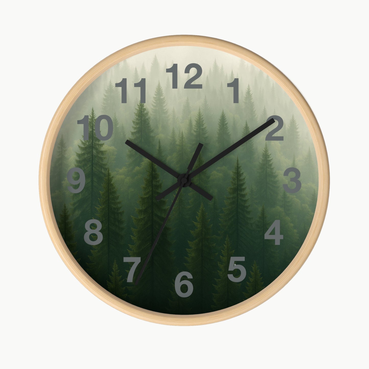 Round wall clock with forest design on a white background
