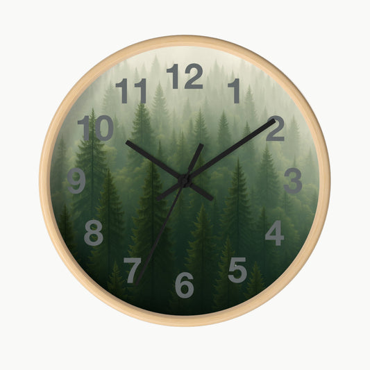 Round wall clock with forest design on a white background