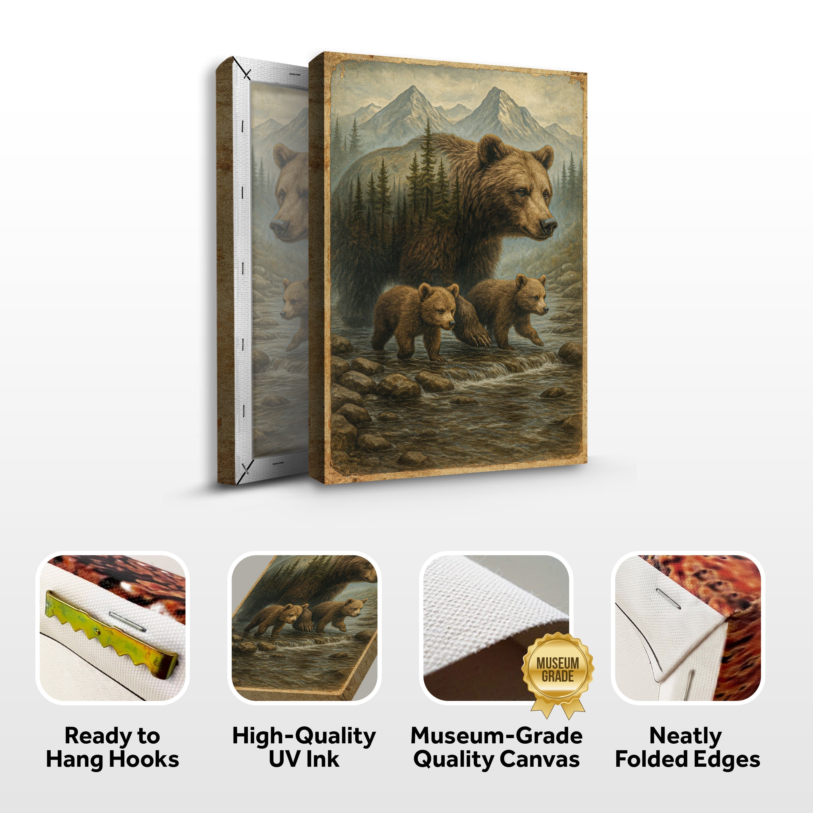 Mother Bear and Cubs Crossing Double Exposure wall art with nature-inspired artwork - product view 8