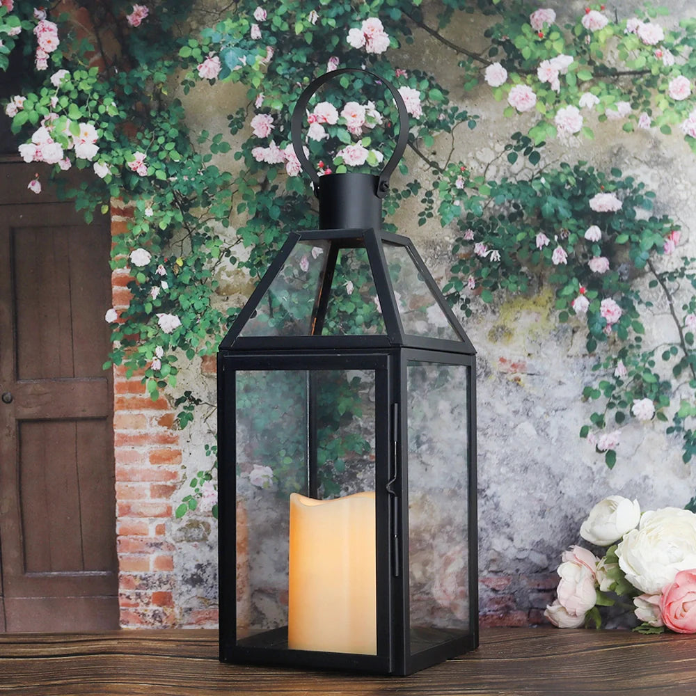 16"high Stainless Steel Black Candle Lanterns decorative candle lanterns with nature-inspired artwork - product view 4