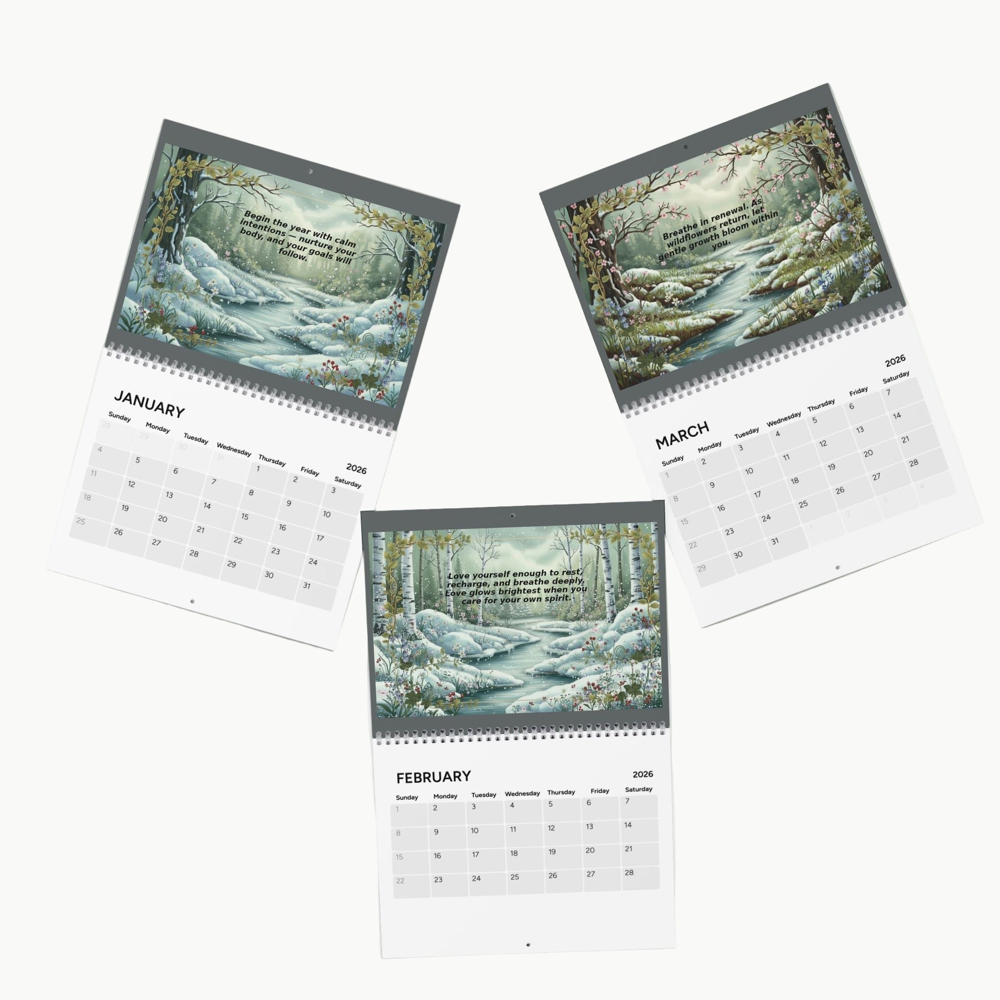 Three wall calendars showing January, February, and March with nature-themed covers.