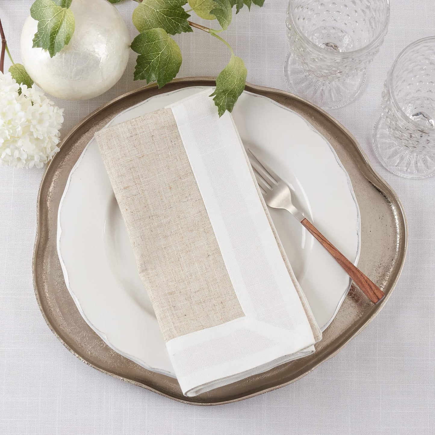 Natural & White Two-Tone Banded Border Placemats, Table Runner or Napkins