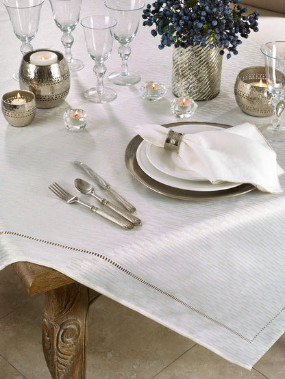 Linette Shimmering Hemstitched Table Runner, Tablecloth or Napkins