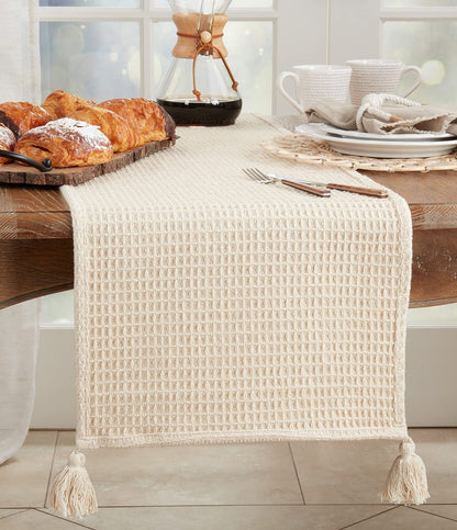 Waffle Weave Tassel Cotton Table Runner 16" W x 72" L