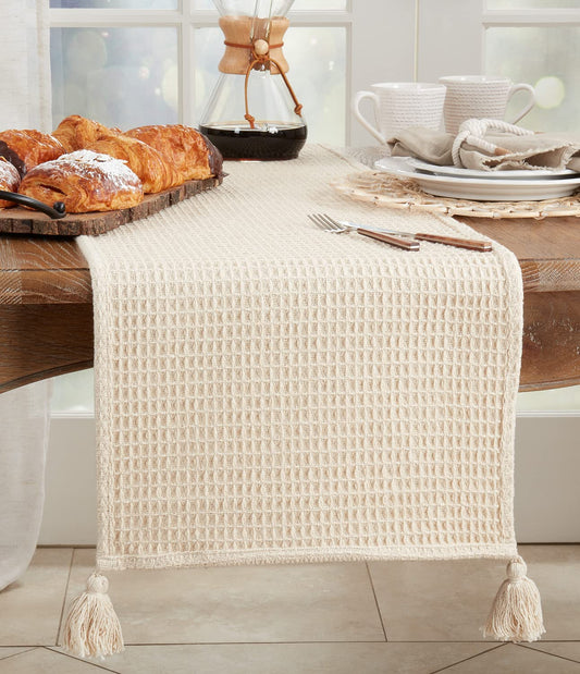 Waffle Weave Tassel Cotton Table Runner 16" W x 72" L