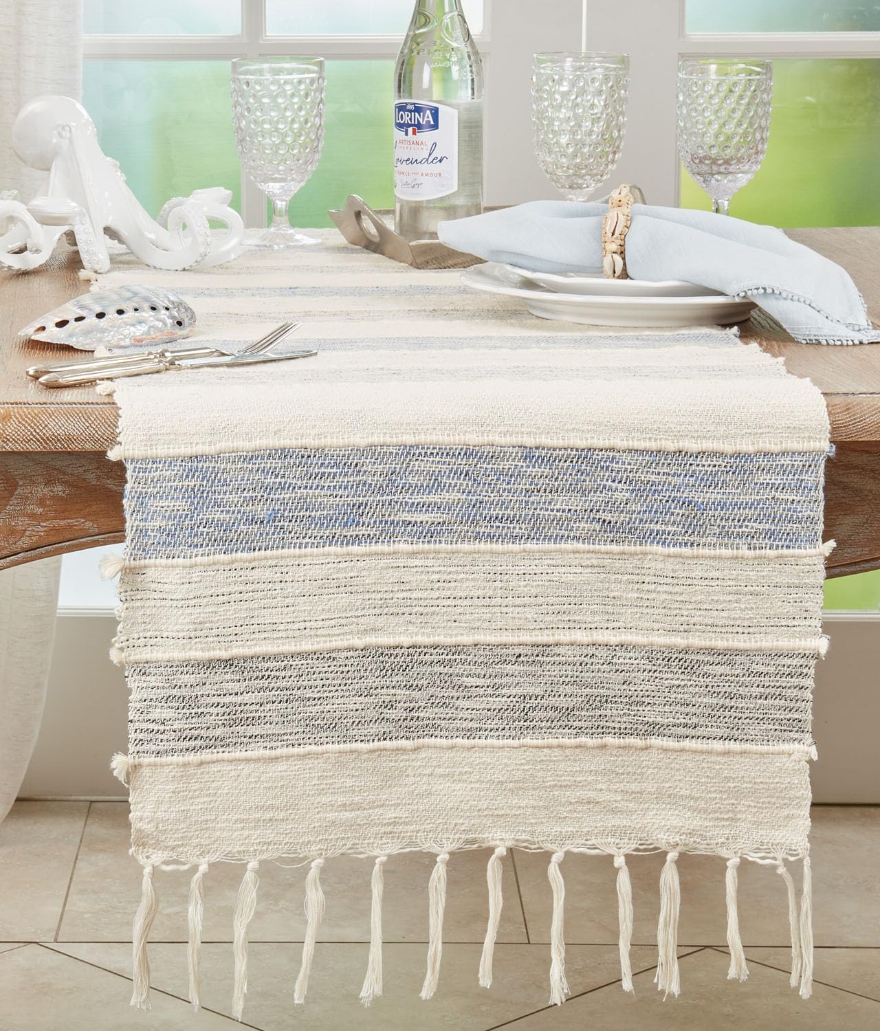 Striped Fringe Cotton Table Runner 16" W x 72" L
