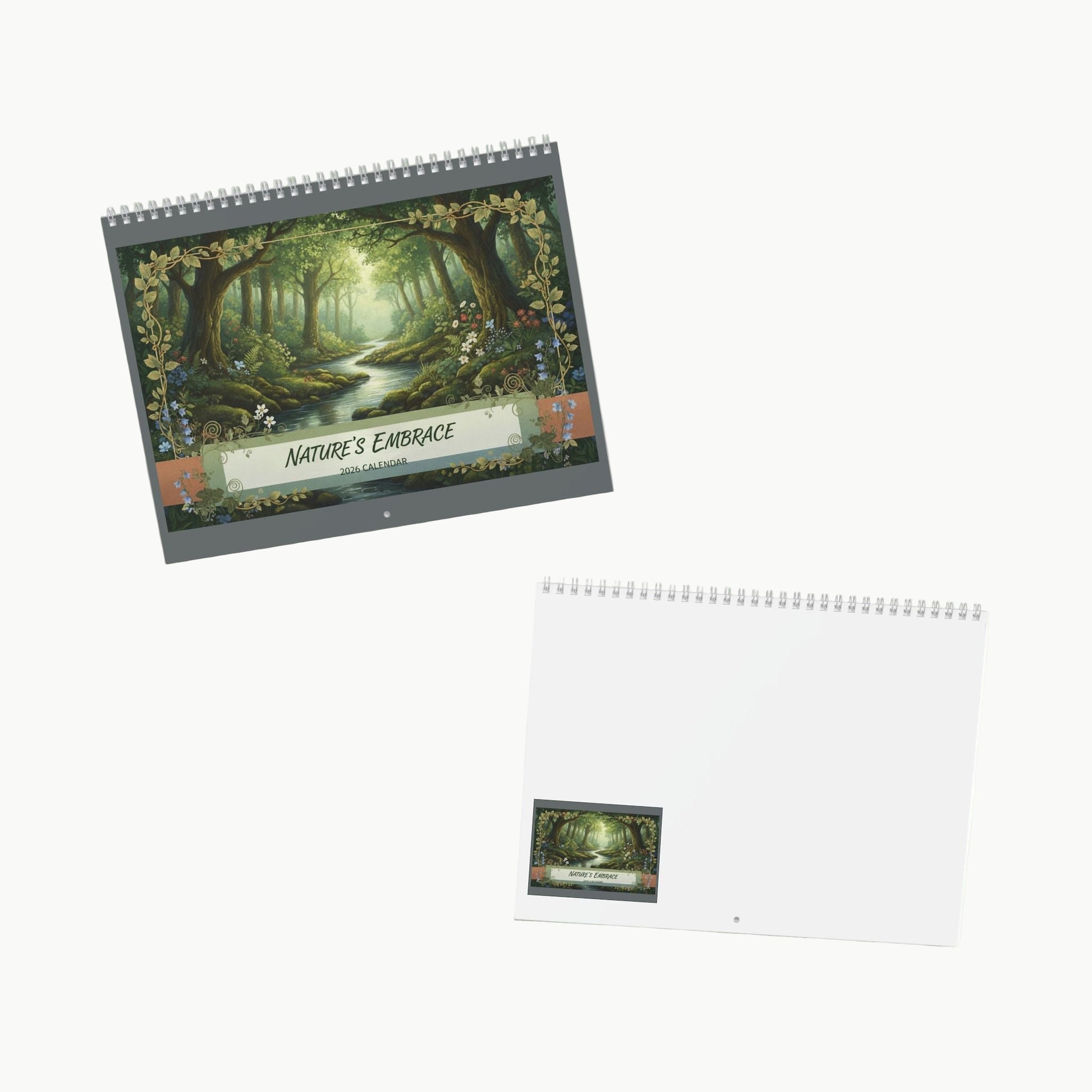 Calendar titled 'Nature's Embrace' with a scenic cover on a white background