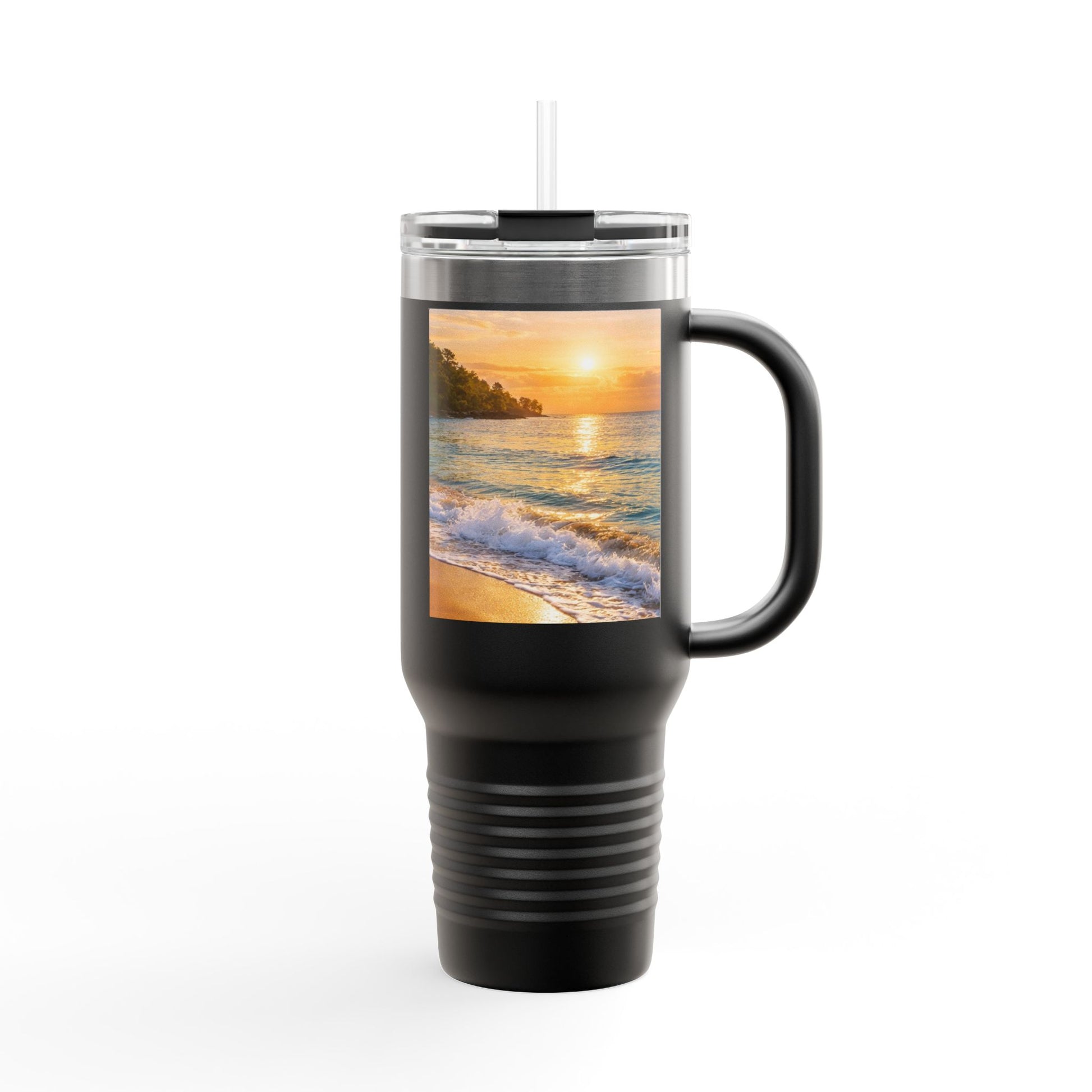 Black travel mug with a beach sunset design on a white background