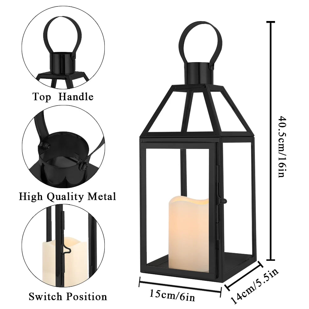 16"high Stainless Steel Black Candle Lanterns decorative candle lanterns with nature-inspired artwork - product view 5