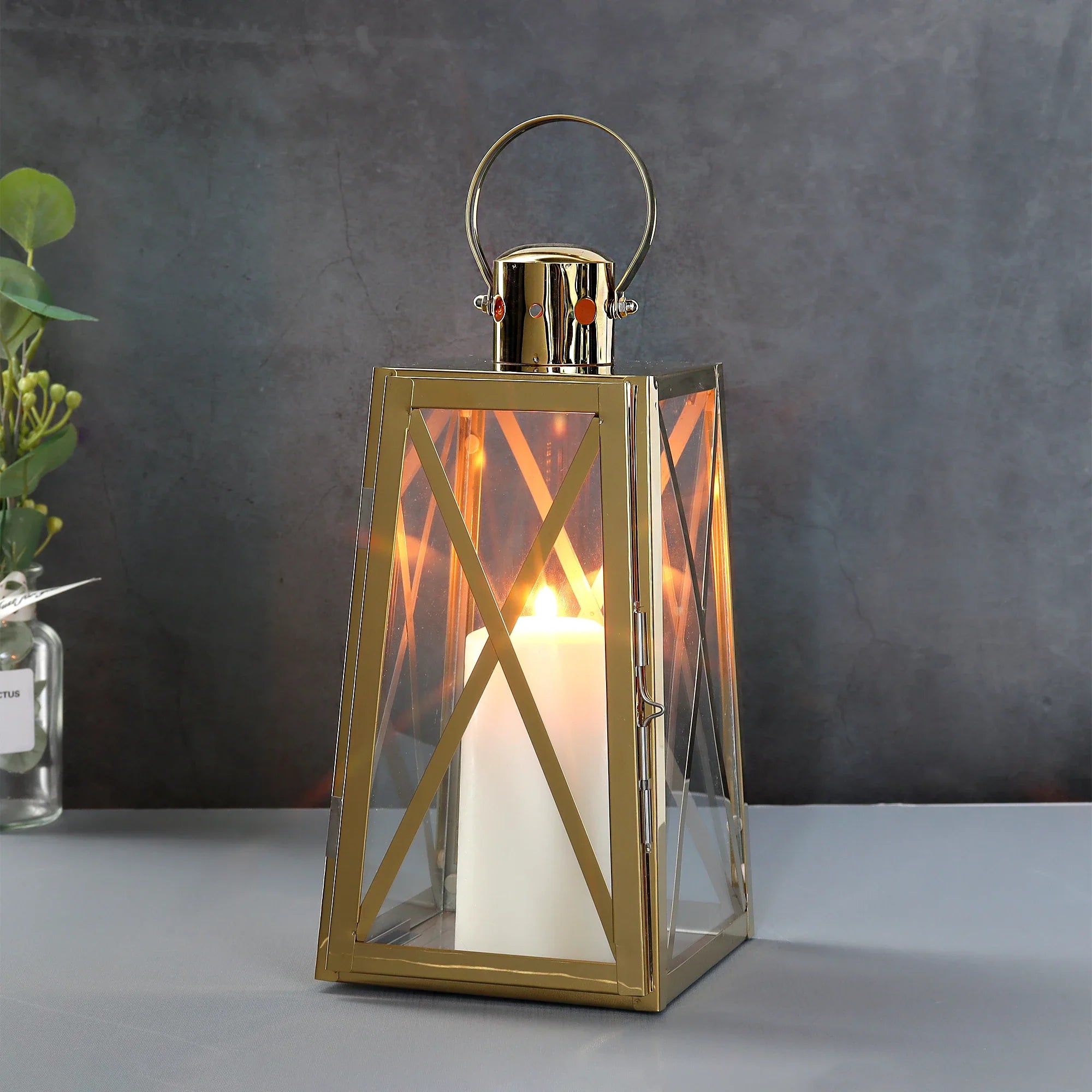 12''h Stainless Steel Decorative Lantern (trapezoid) decorative candle lanterns with nature-inspired artwork - product view 12
