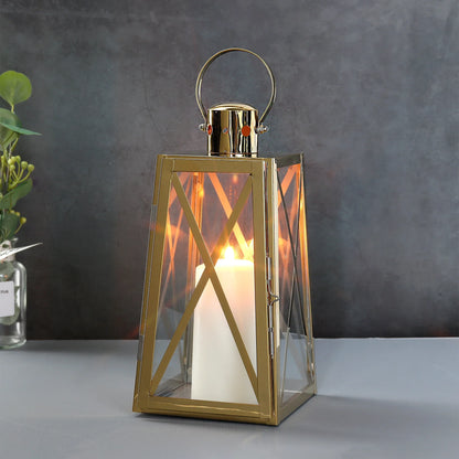 12''h Stainless Steel Decorative Lantern (trapezoid) decorative candle lanterns with nature-inspired artwork - product view 12