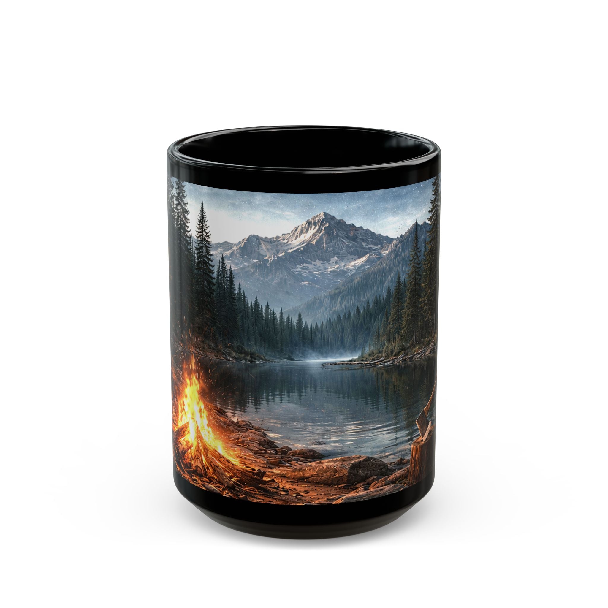 Campfire At Mountain Lake ceramic mug with nature-inspired artwork - product view 3