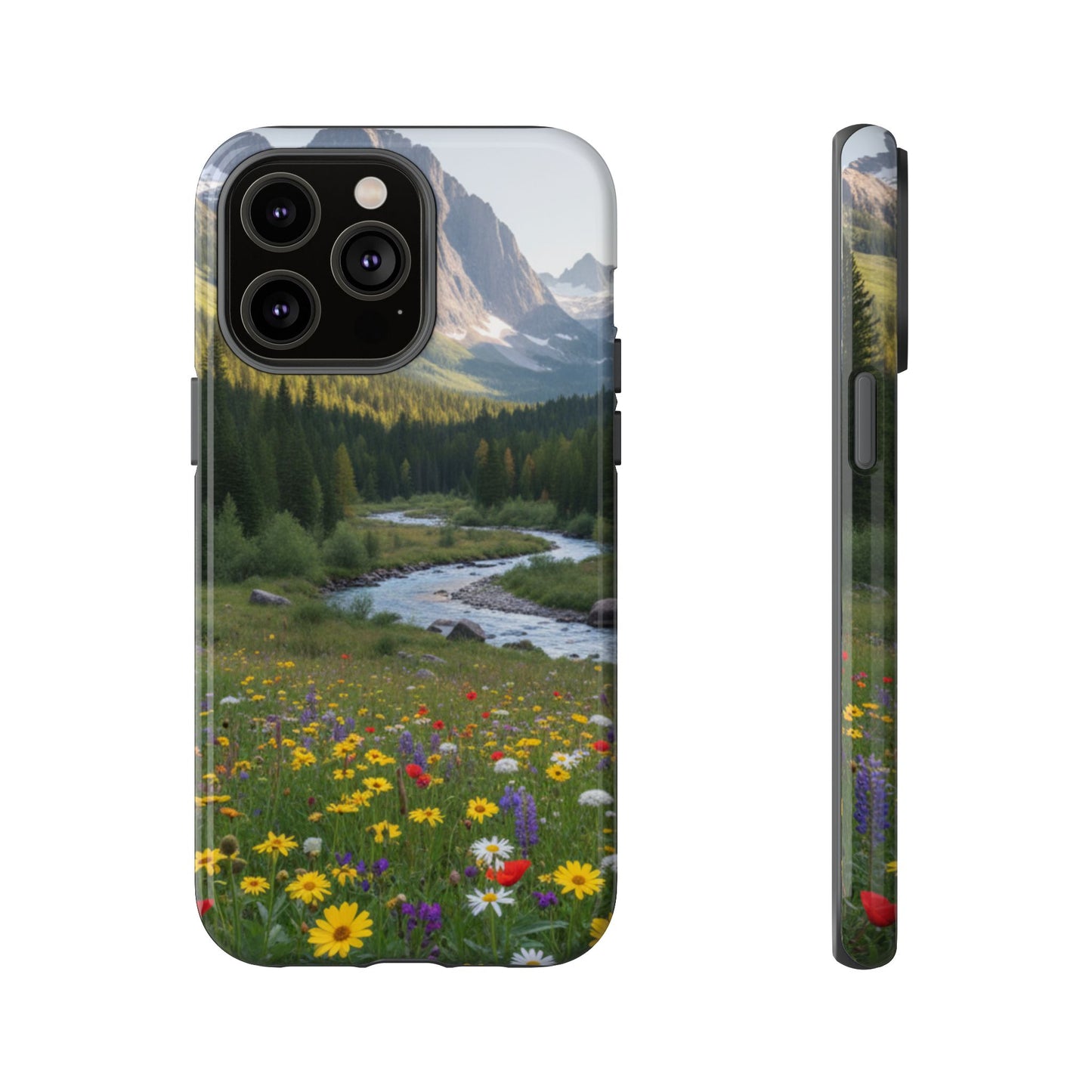 Mountain Meadow Phone Case — Vibrant Wildflowers, Stream & Mountain Design