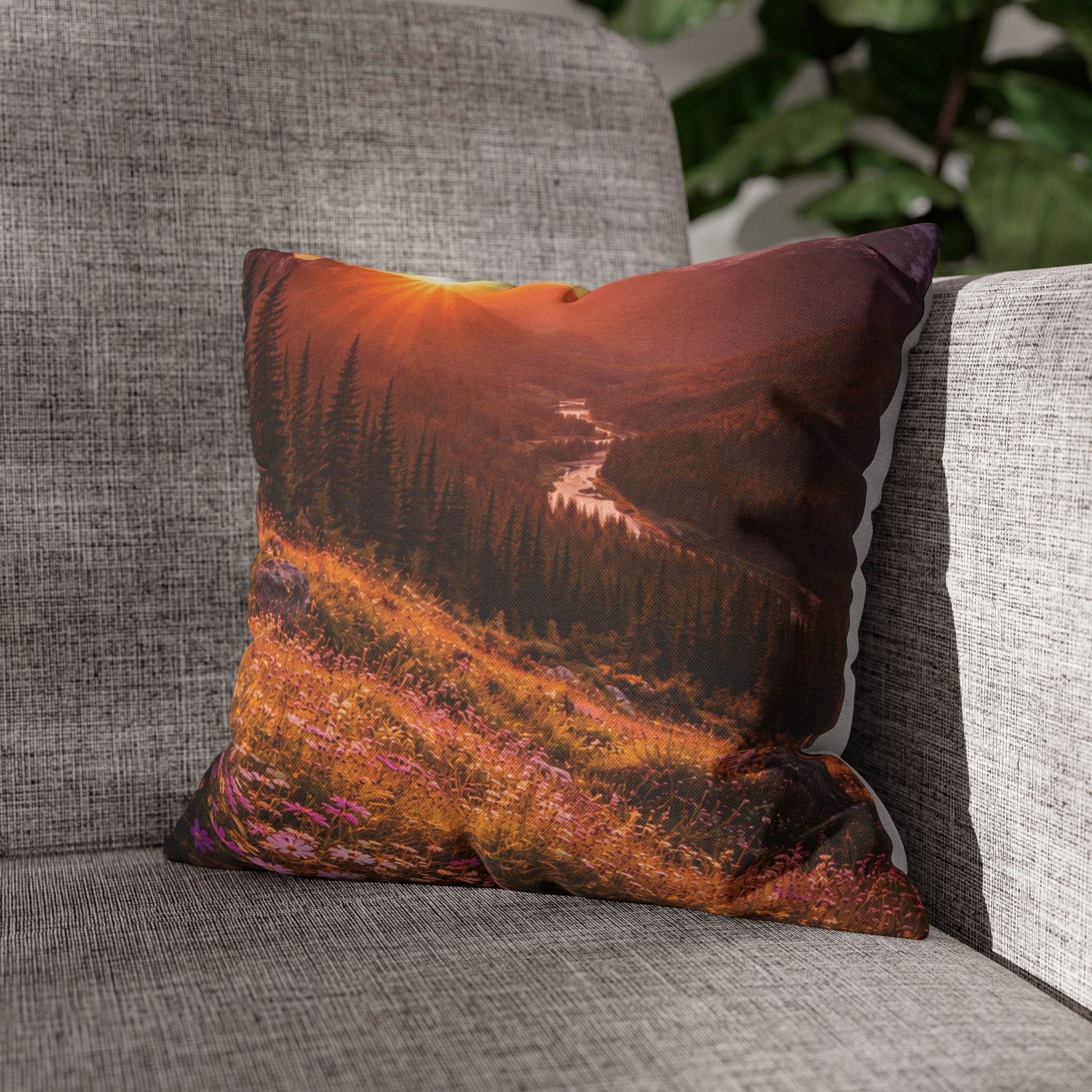 Mountain Meadow Stream pillow cover with nature-inspired artwork