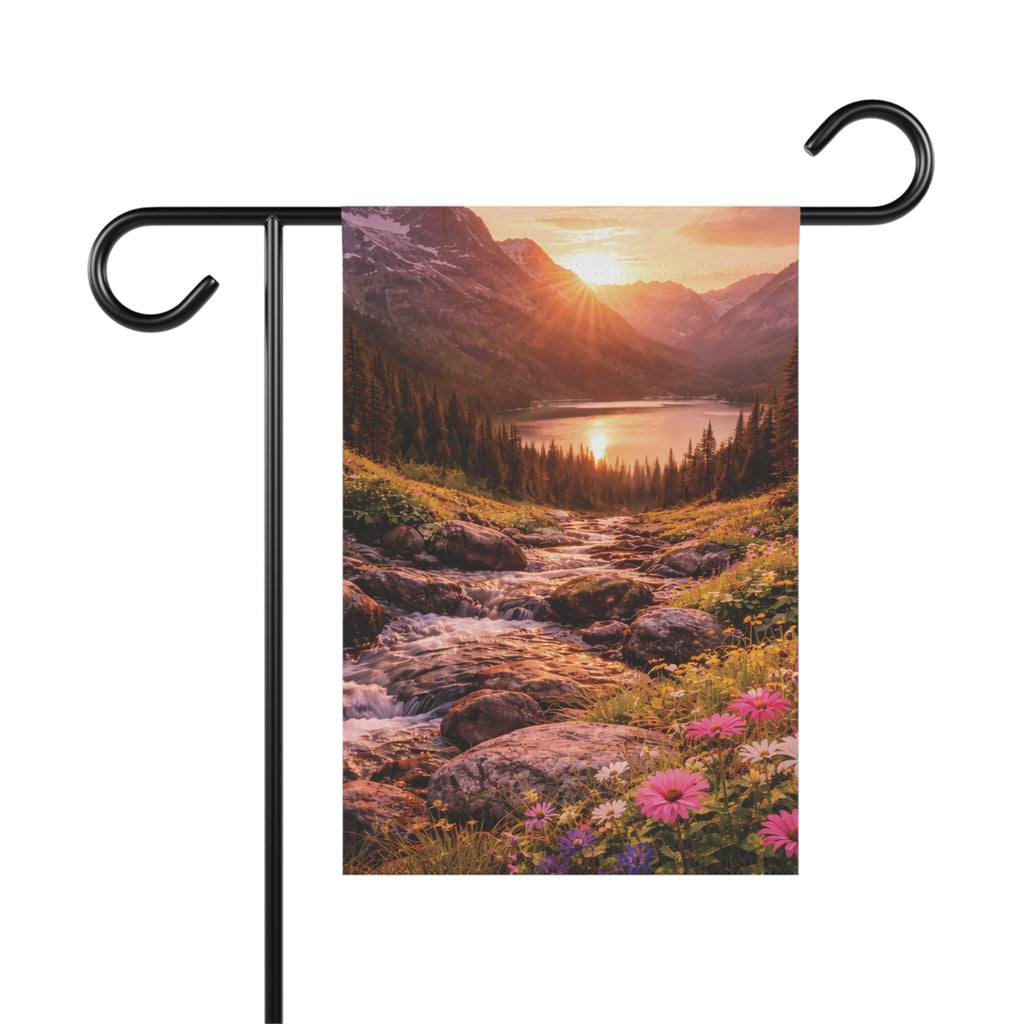 Sunset Mountain Lake with Wildflowers garden flag with nature-inspired artwork - product view 3