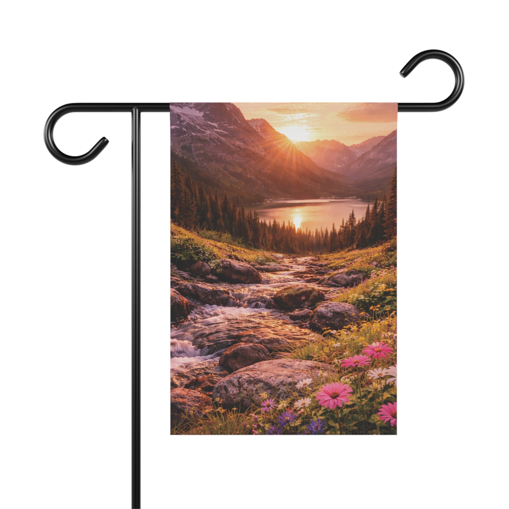 Sunset Mountain Lake with Wildflowers garden flag with nature-inspired artwork - product view 3