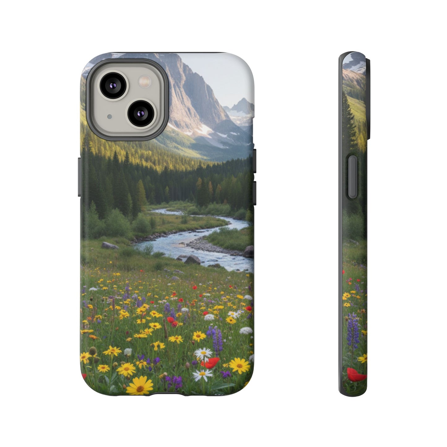Mountain Meadow Phone Case — Vibrant Wildflowers, Stream & Mountain Design