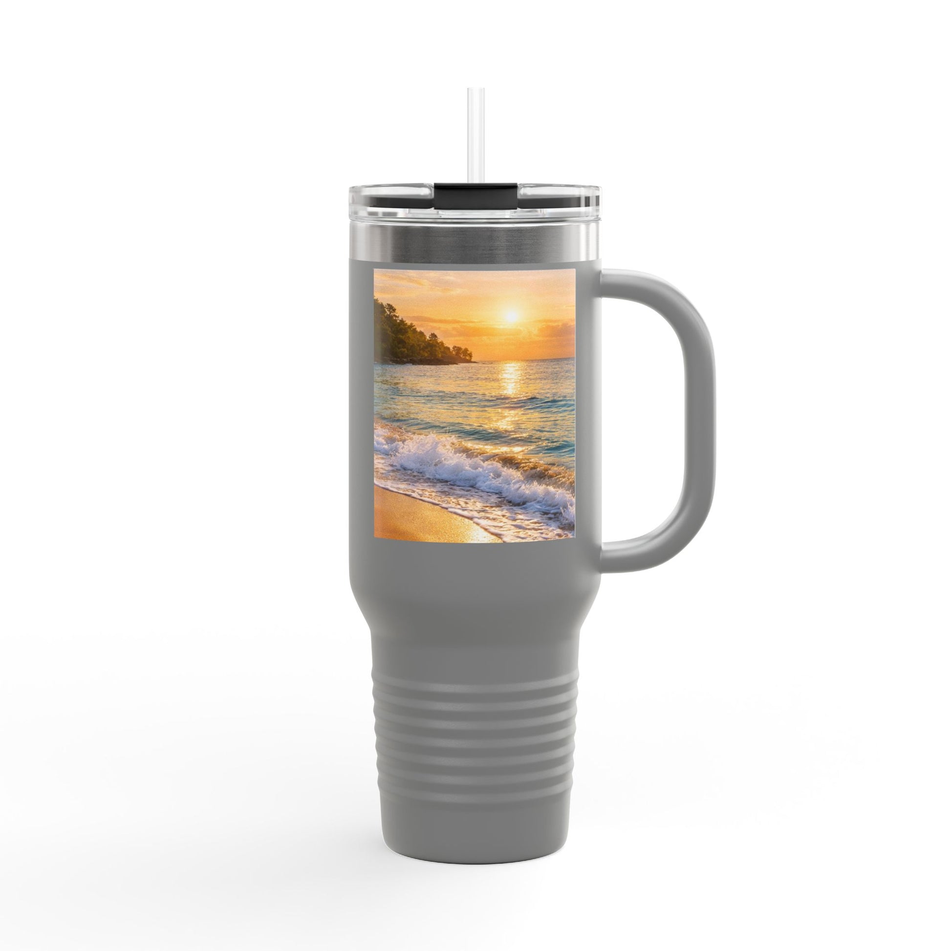 Gray travel mug with a beach sunset design on a white background