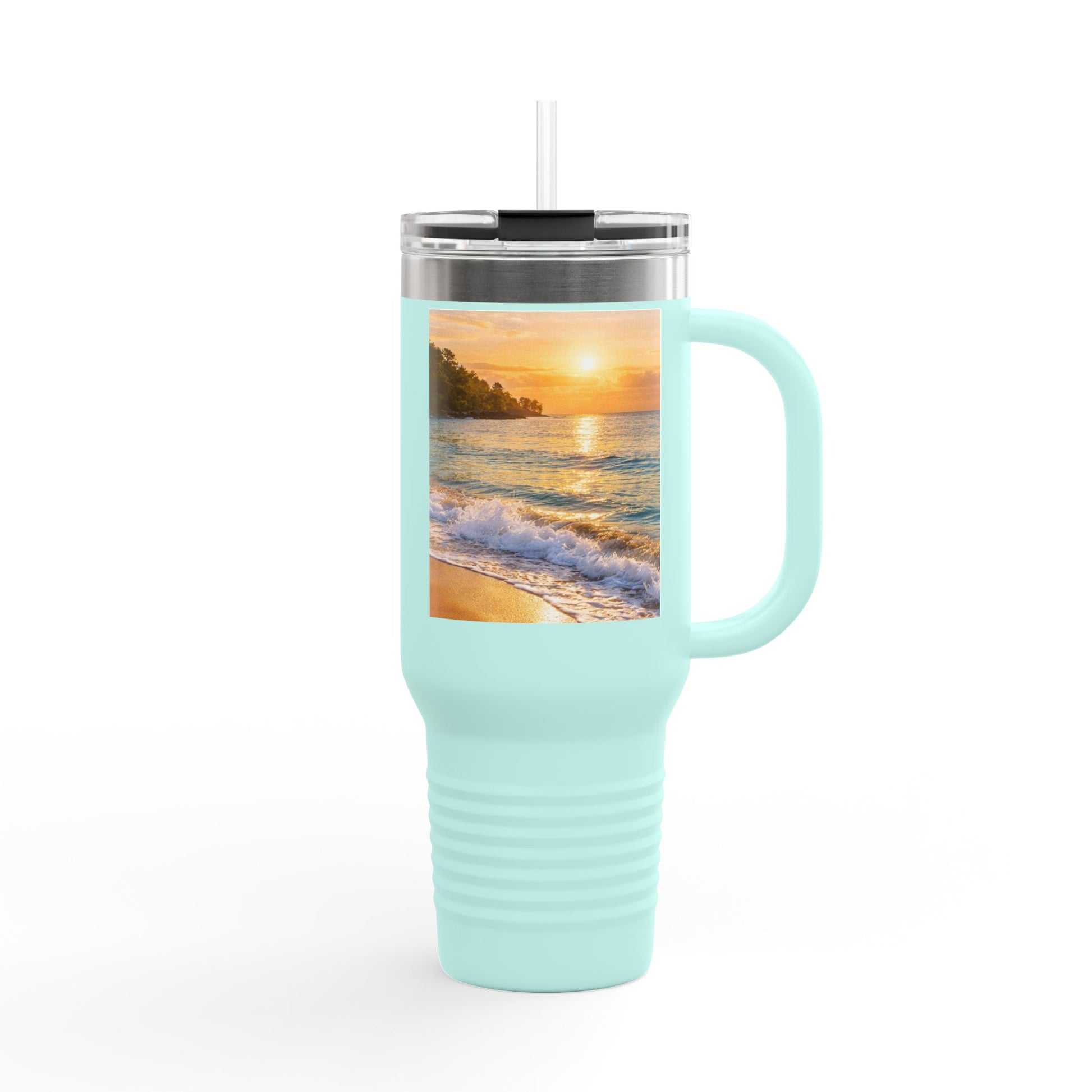 Turquoise tumbler with a beach scene print on a white background