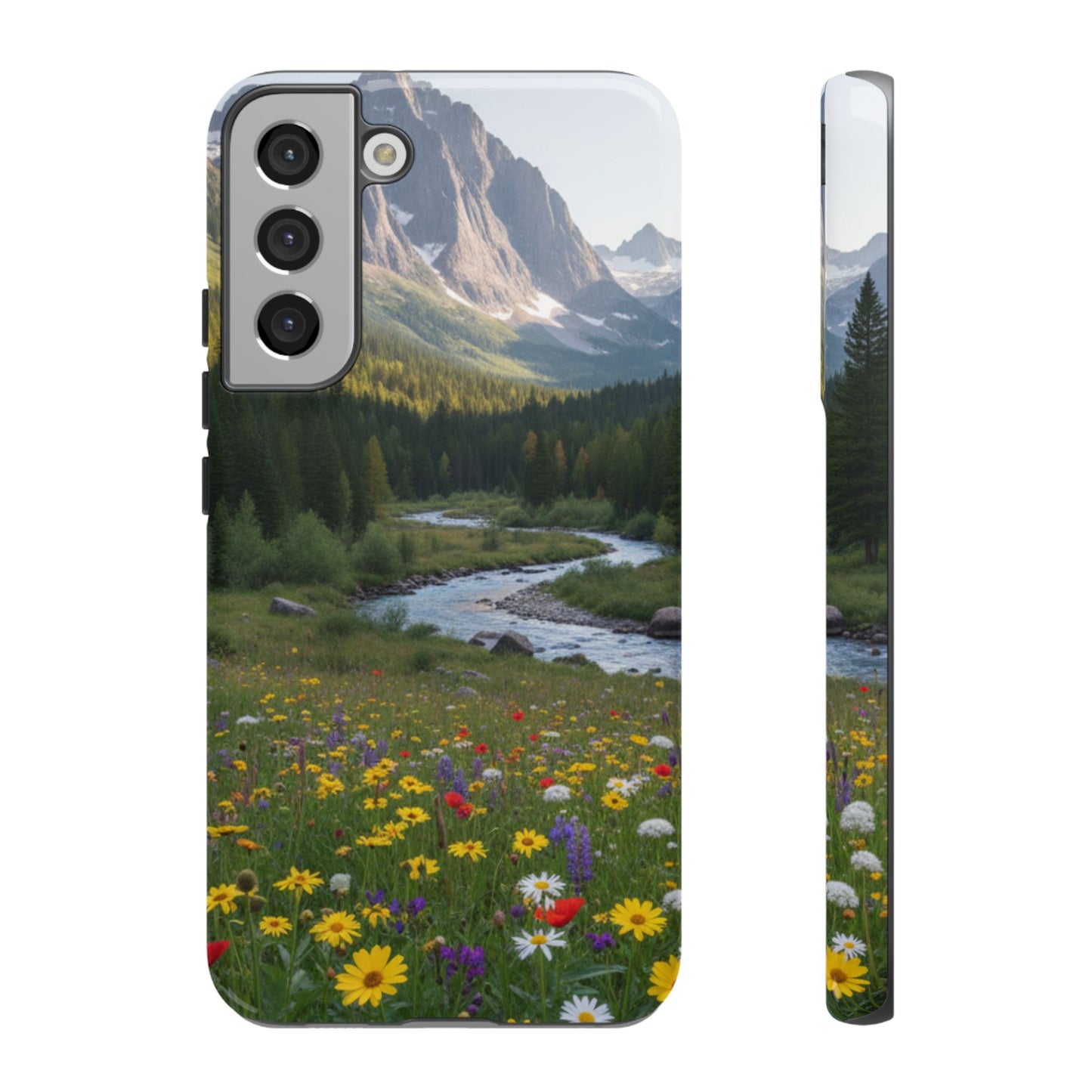 Mountain Meadow Phone Case — Vibrant Wildflowers, Stream & Mountain Design