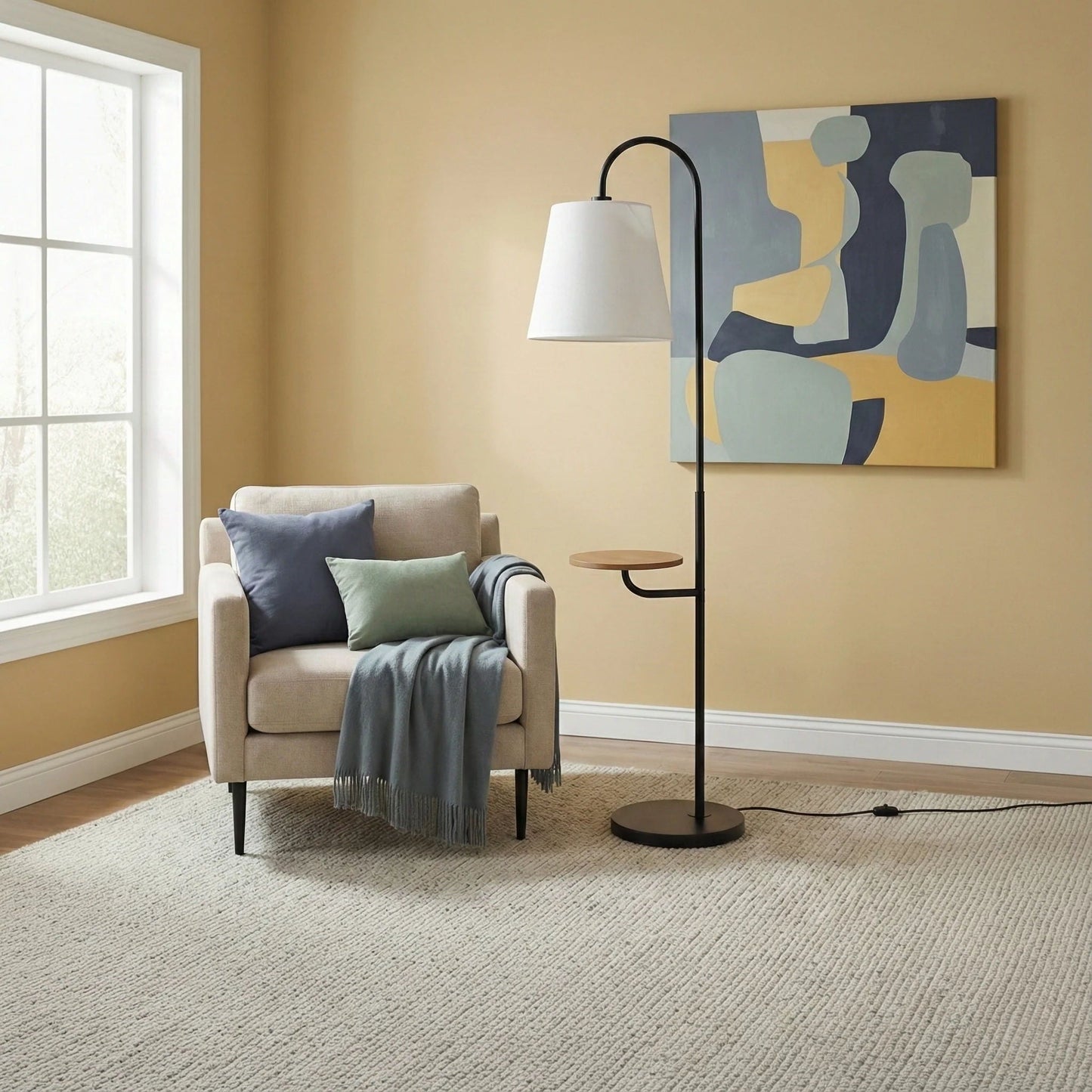 Black and White Floor Lamp With Wooded Table Base